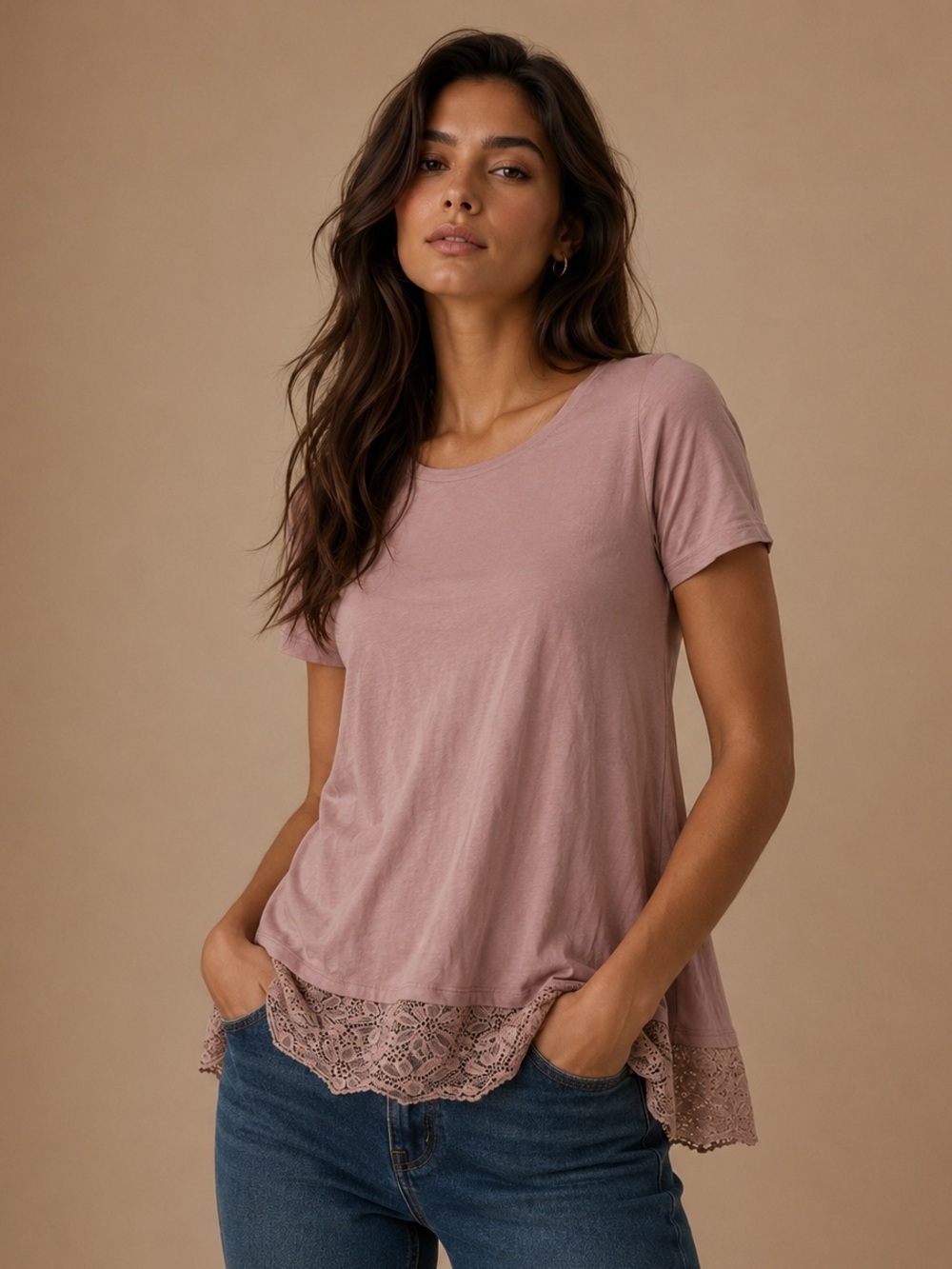 Zenana Premium Mauve Lace Hem Tunic Tee Women’s Medium
